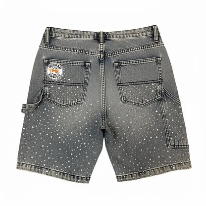 Custom 2025 Oversized Acid Wash Diamond Crystal Denim Shorts Jeans Streetwear Rhinestone Baggy Shorts Men