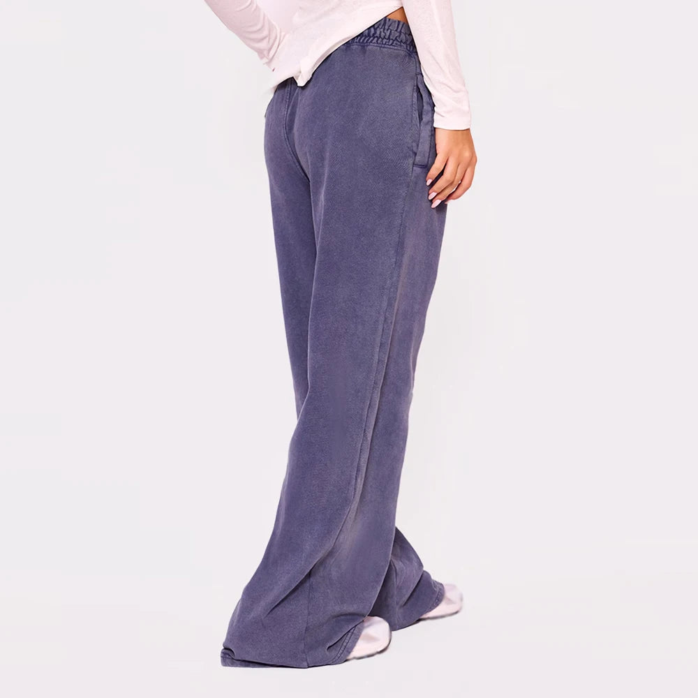 Premium Women Bleach Wash Heavyweight Cotton Fleece Flared Joggers Elastic Waist Winter Flat Front Casual Streetwear Lounge Set