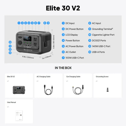 BLUETTI Elite 30 V2 | 288Wh 600W Portable Power Station Lightweight Fast Charging Solar Generator for Home Backup Outdoor