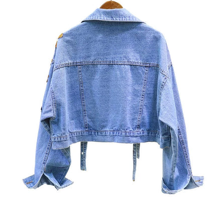 Women Cropped Denim Jackets Casual Solid Color Acid Washed Jeans Jacket Unisex Slim Fit Cotton Outwear Denim Jacket