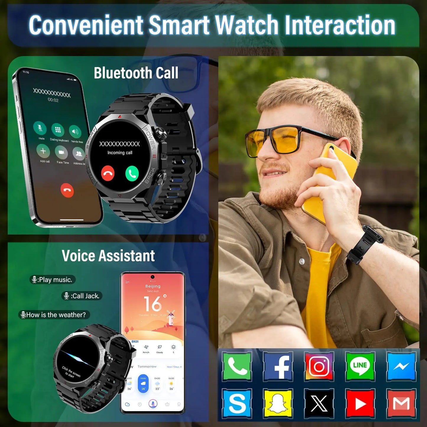 Smart Watch for Men 1.39" HD Touchscreen, IP68 Waterproof Military Smartwatch with 110+ Sports Modes, Heart Rate Sleep Monitor, Bluetooth Call, 7-30 Days Battery for Android iOS.