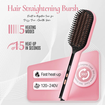 Electric Hair Straightening Brush, 45s Fast Heat-Up, 5 Temp Modes Hot Straightener Comb, 360° Swivel Cord, Smooth Hair, 120-240V