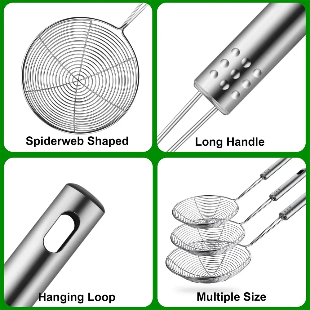 1pc Stainless Steel Fine Mesh Skimmer Spoon Multi-Function Spider Strainer with Long Handle for Cooking Frying and Noodle Strain