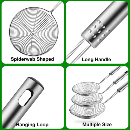 1pc Stainless Steel Fine Mesh Skimmer Spoon Multi-Function Spider Strainer with Long Handle for Cooking Frying and Noodle Strain