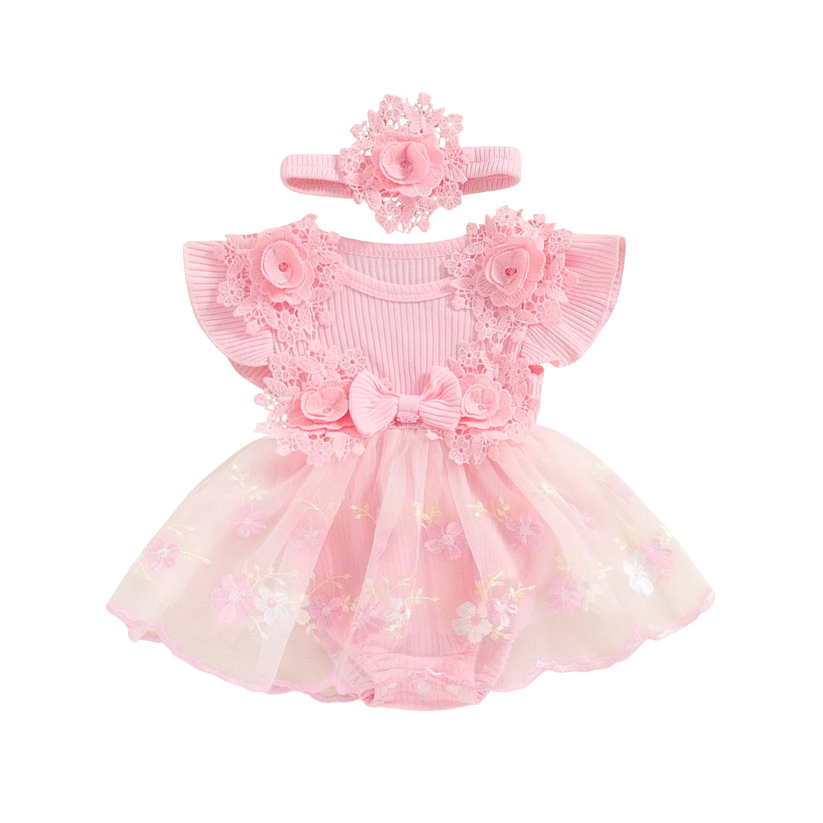 Baby Girls' Floral Romper & Headband Set | Ruffle Details & Mesh Skirt | Birthdays, Portraits & Celebrations