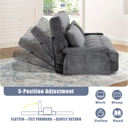 Dark grey 5‑Position Adjustable Foldable Floor Sofa Bed, Double Size Corduroy Lounge Sofa with Side Storage Pocket