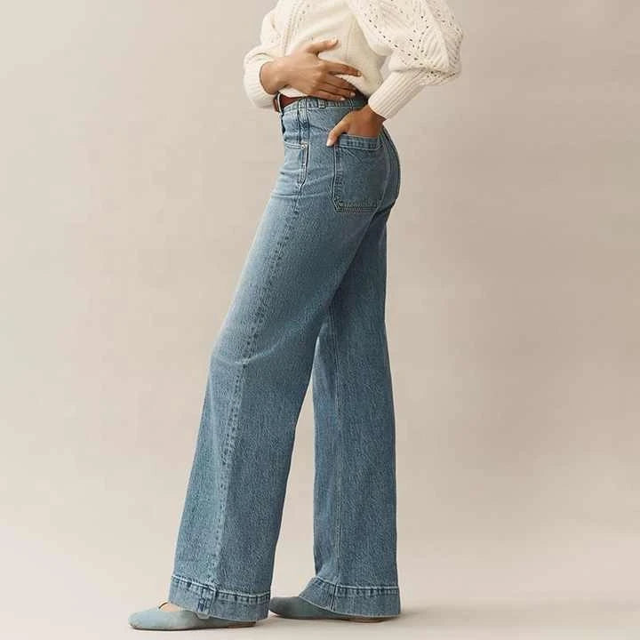 OEM 2025 Customized Winter Flat Front Women's Straight Leg Denim Pants Breathable Mid Waist Casual Streetwear 100% Plain Dyed