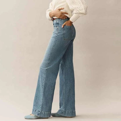 OEM 2025 Customized Winter Flat Front Women's Straight Leg Denim Pants Breathable Mid Waist Casual Streetwear 100% Plain Dyed
