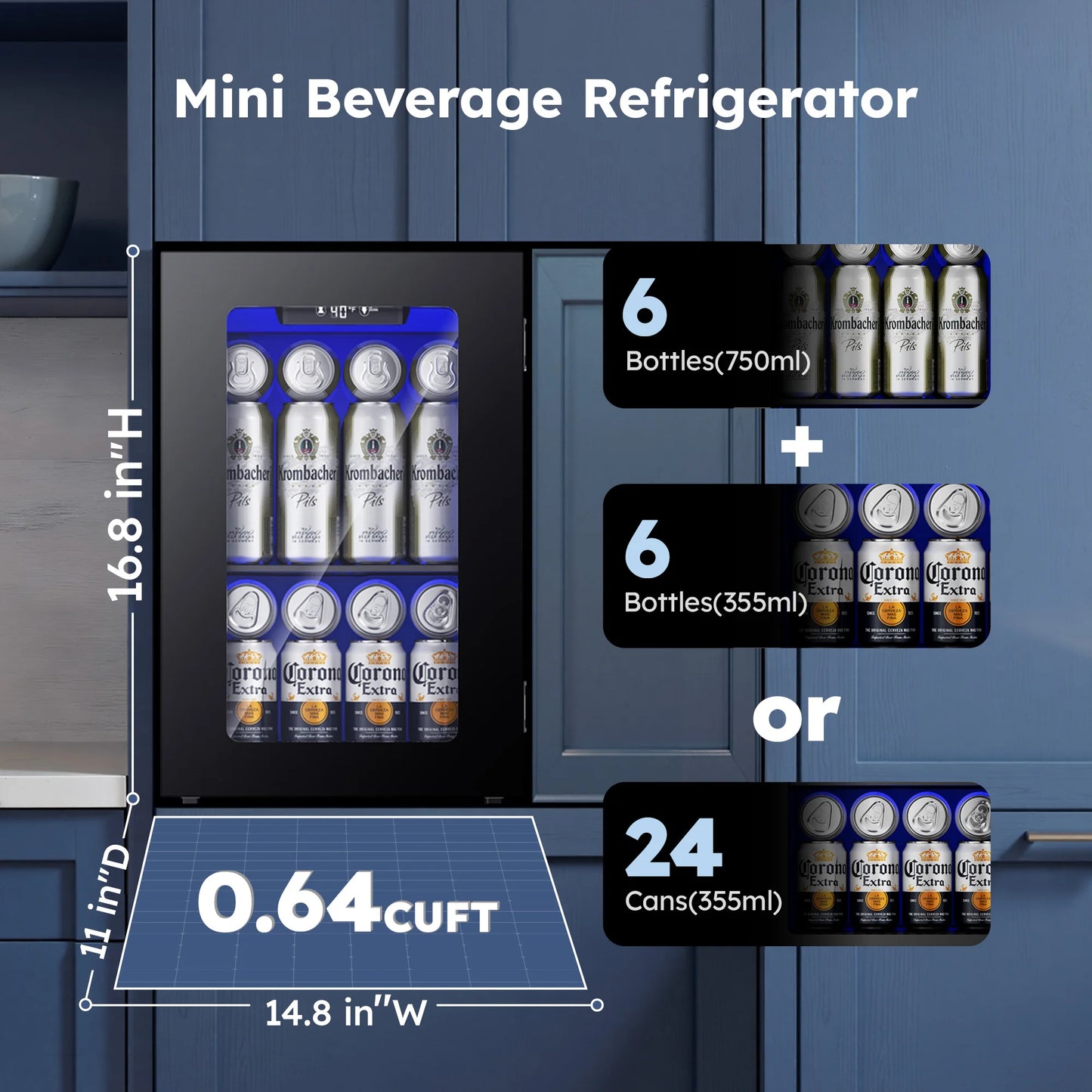 EKOJUCE Beverage Refrigerator, Compact Glass-Front Drink Cooler with Blue LED Interior Lighting and Adjustable Shelving, Countertop Mini Fridge for Beer, Wine, Soda and Other Beverages, Perfect for Home, Office, Dorm Room & B