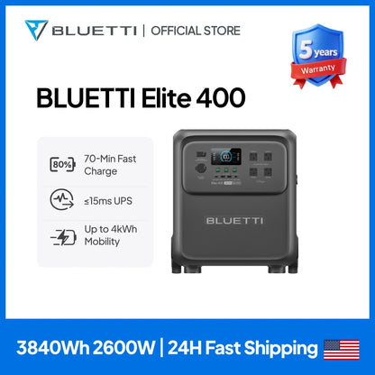 BLUETTI Elite 400 Portable Power Station | 3840Wh 2600W High Capacity Solar Generator for Home Backup Outdoor Camping RV Travel