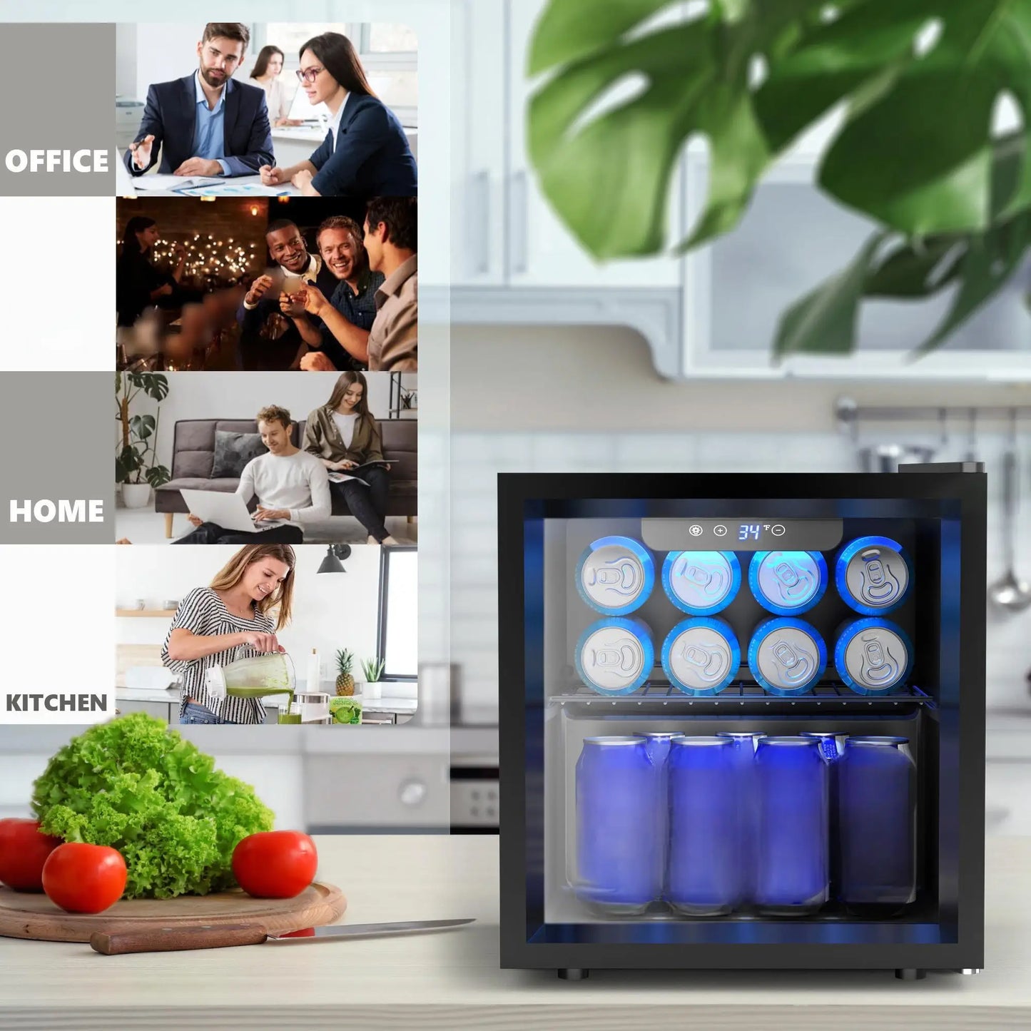 EKOJUCE Glass Door Mini Fridge, Countertop Beverage Refrigerator with Adjustable Shelving and Blue LED Lighting, Compact Drink Cooler for Beer, Wine, Soda & Other Beverages, Ideal for Home, Office, Dorm & Bar