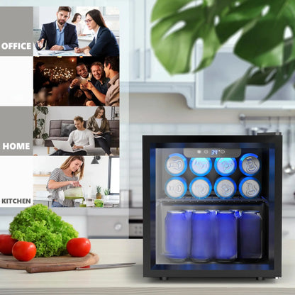 EKOJUCE Glass Door Mini Fridge, Countertop Beverage Refrigerator with Adjustable Shelving and Blue LED Lighting, Compact Drink Cooler for Beer, Wine, Soda & Other Beverages, Ideal for Home, Office, Dorm & Bar