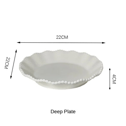 ColorValue White Pearl Ceramic Breakfast Plate Bowl Set Ins Style Elegant Tableware for Home Drining