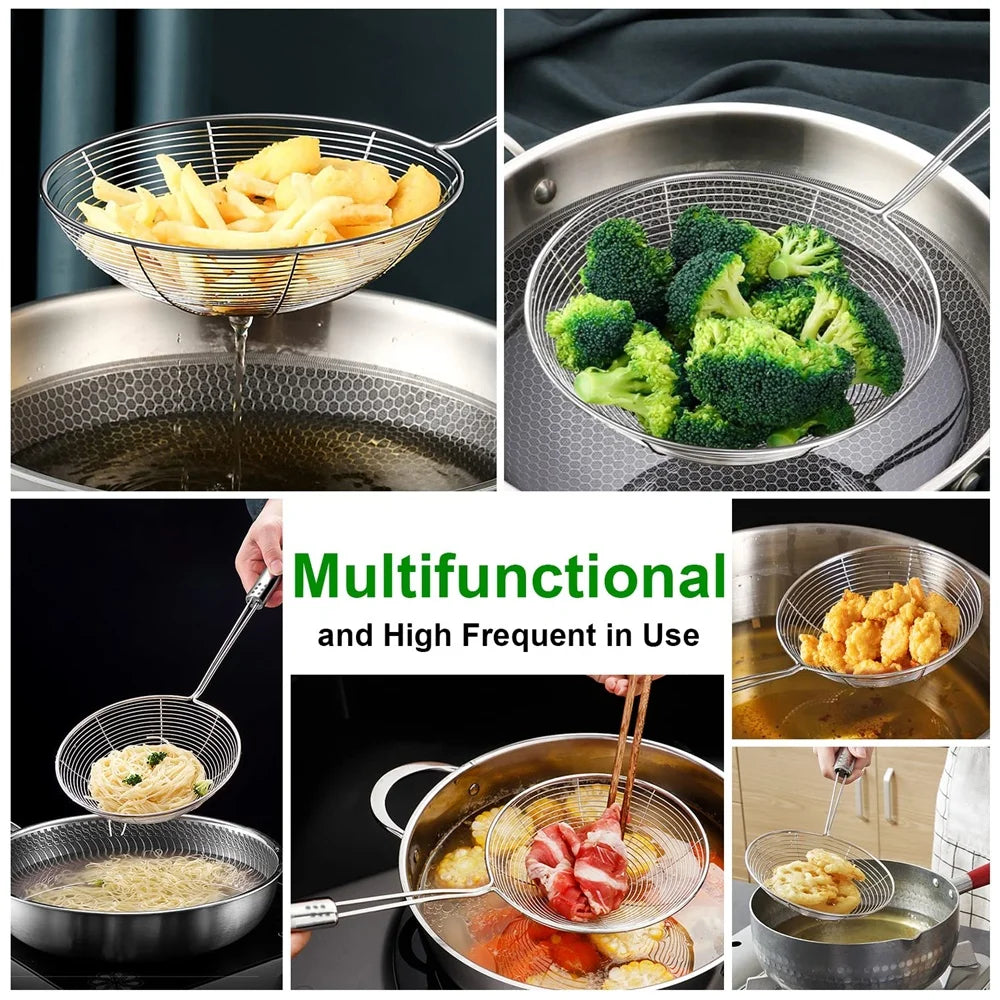 1pc Stainless Steel Fine Mesh Skimmer Spoon Multi-Function Spider Strainer with Long Handle for Cooking Frying and Noodle Strain