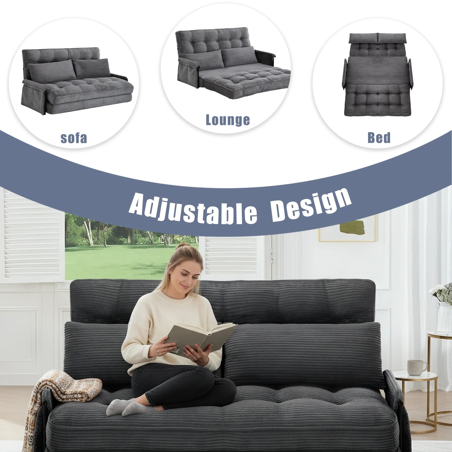 Dark grey 5‑Position Adjustable Foldable Floor Sofa Bed, Double Size Corduroy Lounge Sofa with Side Storage Pocket