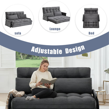 Dark grey 5‑Position Adjustable Foldable Floor Sofa Bed, Double Size Corduroy Lounge Sofa with Side Storage Pocket