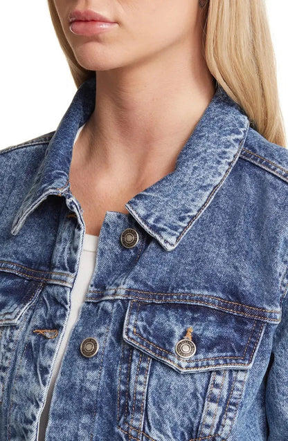 Casual Women's Denim Jacket Solid Blue Large Size Fashionable Gothic Style Button Belt Detail 100% Cotton