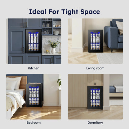 EKOJUCE Beverage Refrigerator, Compact Glass-Front Drink Cooler with Blue LED Interior Lighting and Adjustable Shelving, Countertop Mini Fridge for Beer, Wine, Soda and Other Beverages, Perfect for Home, Office, Dorm Room & B