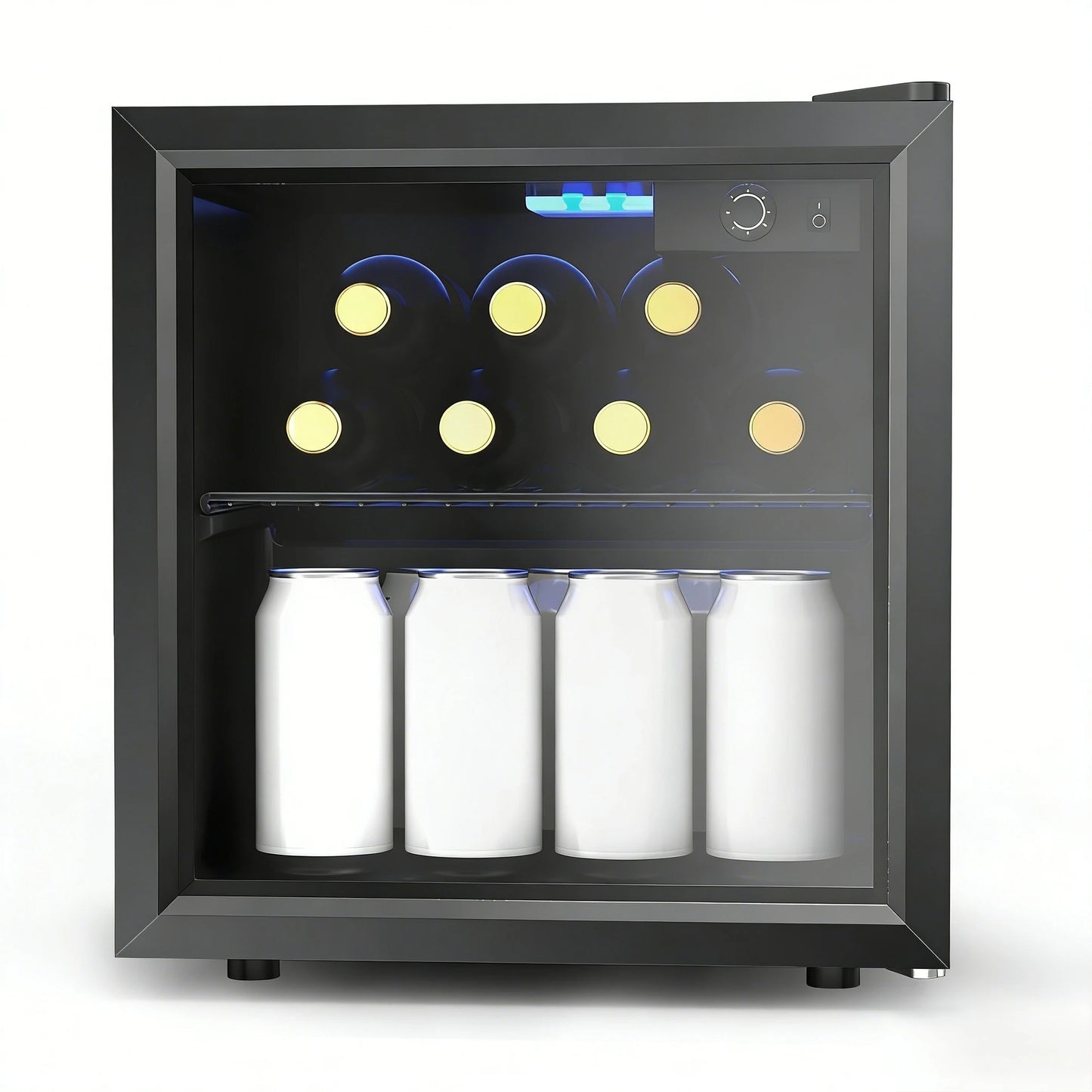EKOJUCE  Mini Fridge with Glass Door | Countertop Beverage Cooler for Beer, Drinks, Wines with Adjustable Shelves and Blue LED Light for Home, Office, Dorm, Bar