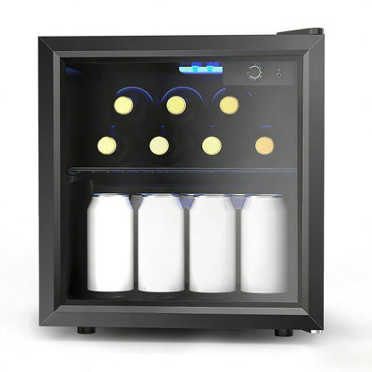 EKOJUCE  Mini Fridge with Glass Door | Countertop Beverage Cooler for Beer, Drinks, Wines with Adjustable Shelves and Blue LED Light for Home, Office, Dorm, Bar