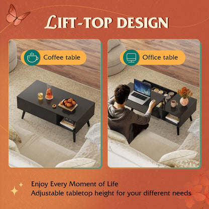 Lift Top Coffee Table with Hidden Storage, Black Mid Century Modern Wooden Coffee Table, for Dining/Living Rooms/Offices; 39.4"W x 19.7"D x 16.9"H