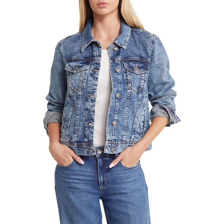 Casual Women's Denim Jacket Solid Blue Large Size Fashionable Gothic Style Button Belt Detail 100% Cotton