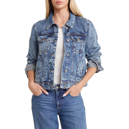 Casual Women's Denim Jacket Solid Blue Large Size Fashionable Gothic Style Button Belt Detail 100% Cotton