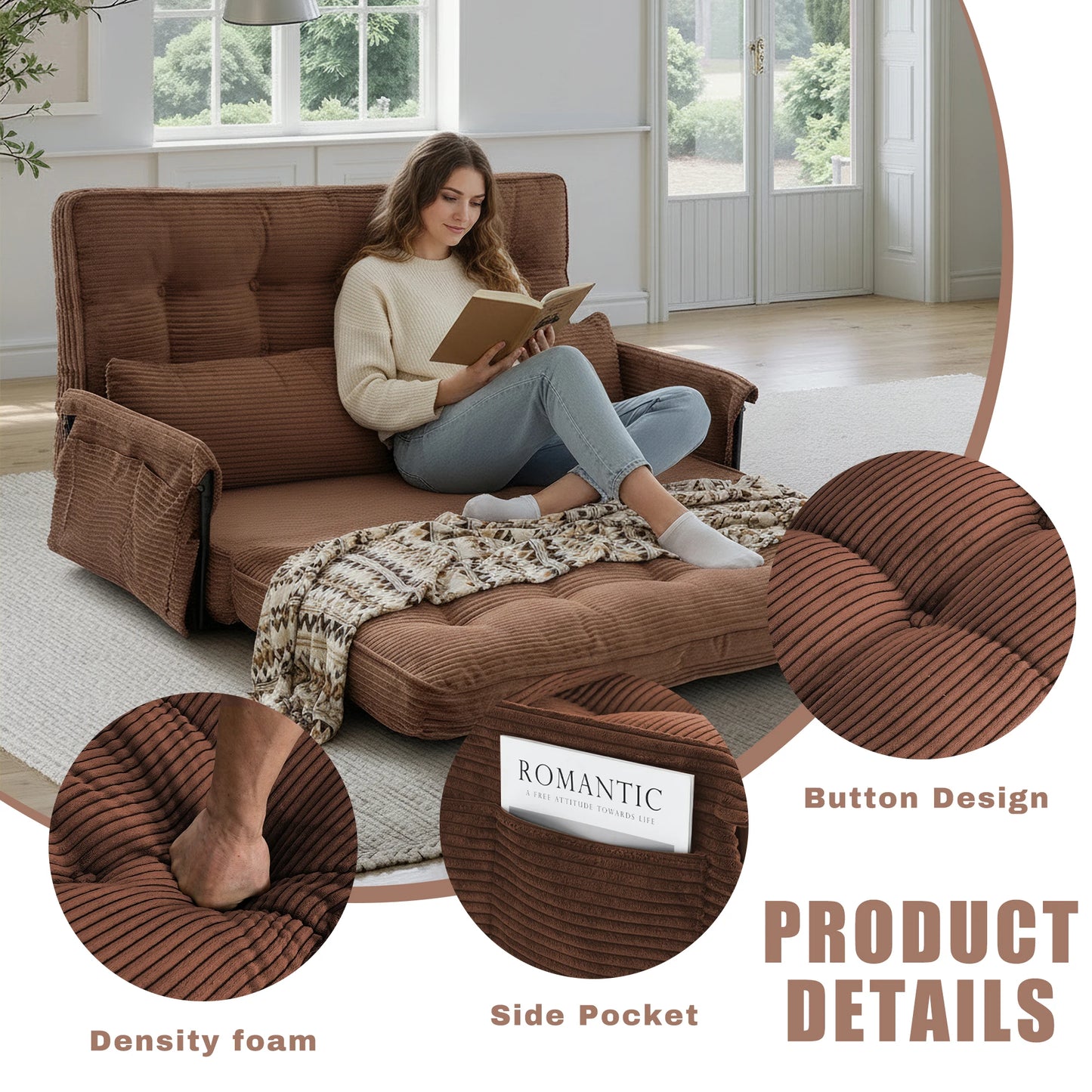 Brown Home Foldable Floor Lounge Sofa Bed, Double 5‑Position Adjustable Corduroy Couch with Armrest Side Pocket