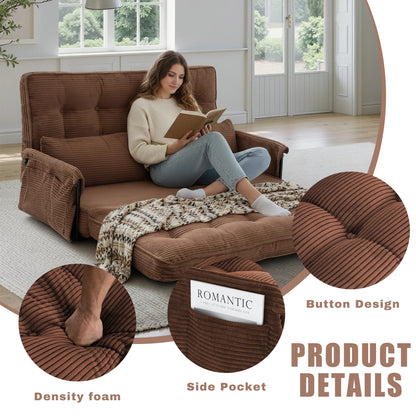 Brown Home Foldable Floor Lounge Sofa Bed, Double 5‑Position Adjustable Corduroy Couch with Armrest Side Pocket