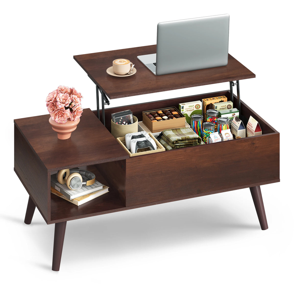 Lift Top Coffee Table with Hidden Storage, Black Mid Century Modern Wooden Coffee Table, for Dining/Living Rooms/Offices; 39.4"W x 19.7"D x 16.9"H