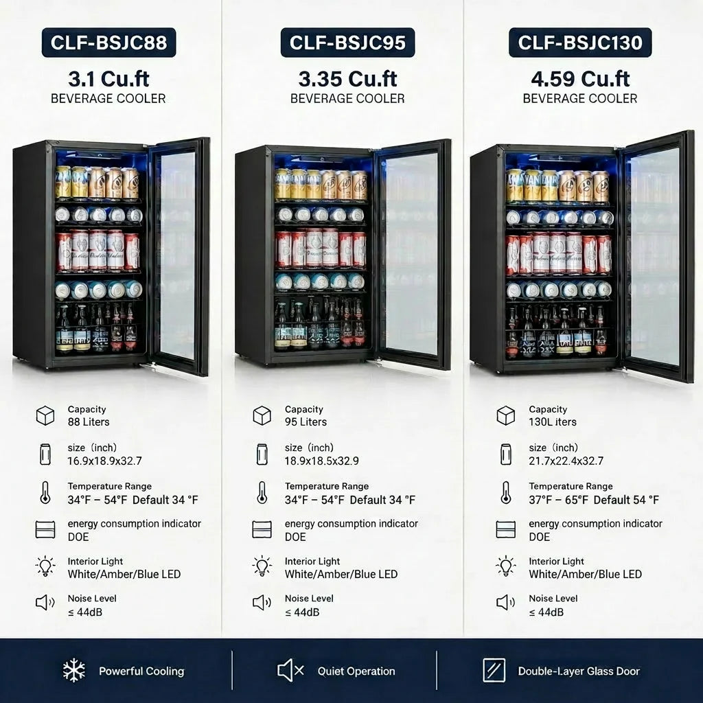 beverage cooler 3.1/3.35/4.59 cu.ft 88/95/130L Single temperature zone Direct cooling beverage/beer refrigerator Built in LED ambient-lighting light Perfect for kitchen/living room/office area/bar counter and other occasions