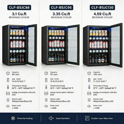 beverage cooler 3.1/3.35/4.59 cu.ft 88/95/130L Single temperature zone Direct cooling beverage/beer refrigerator Built in LED ambient-lighting light Perfect for kitchen/living room/office area/bar counter and other occasions