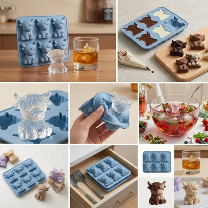 6‑Cavity Highland Cow Ice Cube Mold Food‑Grade Silicone 3D Cow Ice Tray Reusable Ice Maker Mould for Whiskey Cocktail Drinks Chocolate Candy