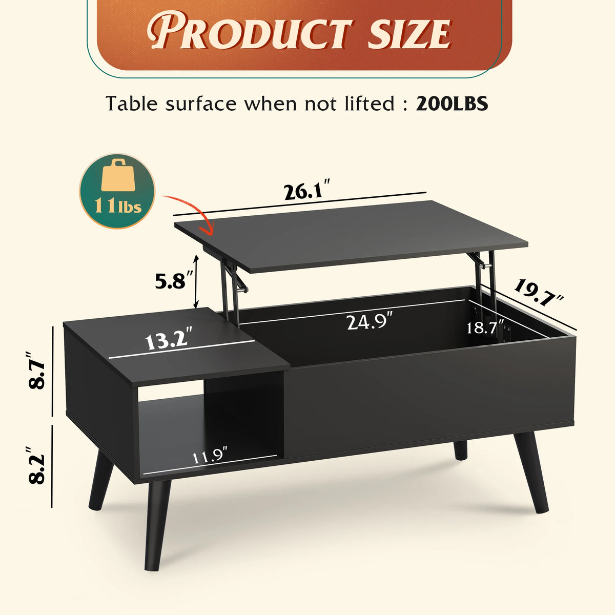 Lift Top Coffee Table with Hidden Storage, Black Mid Century Modern Wooden Coffee Table, for Dining/Living Rooms/Offices; 39.4"W x 19.7"D x 16.9"H