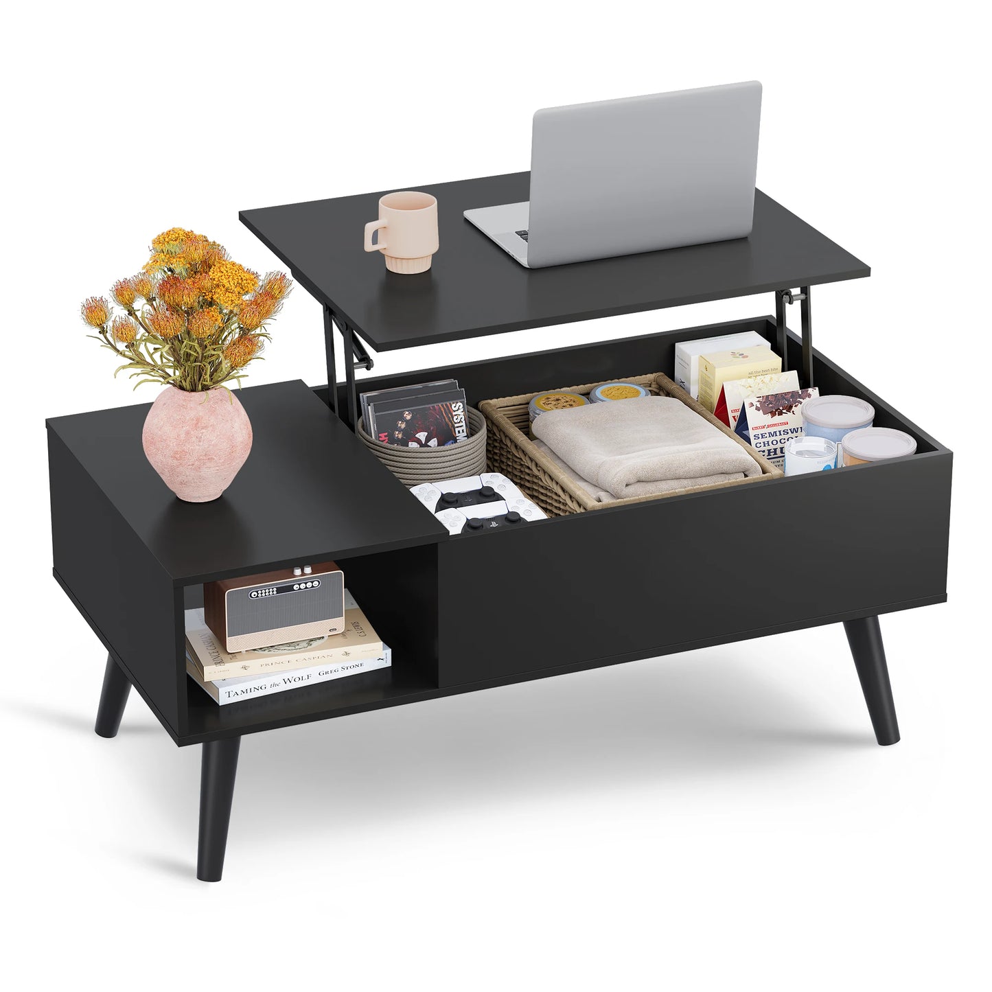 Lift Top Coffee Table with Hidden Storage, Black Mid Century Modern Wooden Coffee Table, for Dining/Living Rooms/Offices; 39.4"W x 19.7"D x 16.9"H