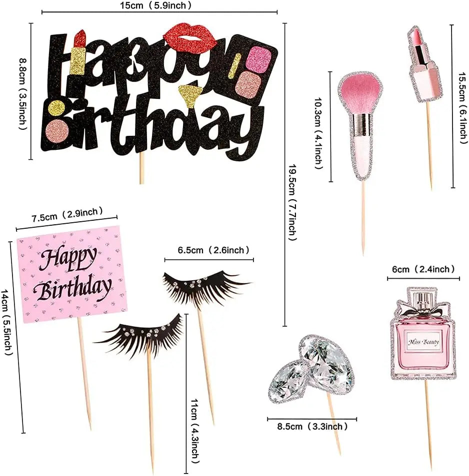 22Pcs Makeup Cake Topper, Lipstick Perfume Eyelash Diamond Brush Cosmetic Cupcake Toppers Decoration for Birthday Party Supplies