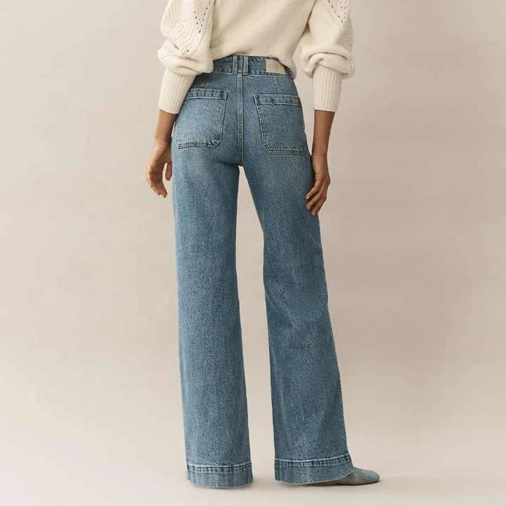 OEM 2025 Customized Winter Flat Front Women's Straight Leg Denim Pants Breathable Mid Waist Casual Streetwear 100% Plain Dyed