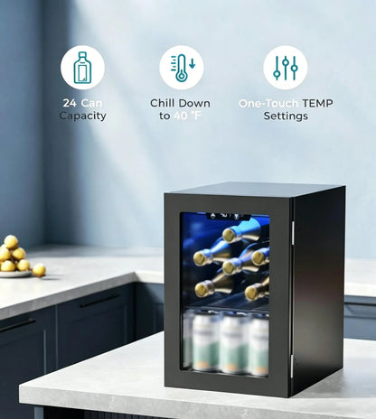 EKOJUCE  Mini Fridge with Glass Door | Countertop Beverage Cooler for Beer, Drinks, Wines with Adjustable Shelves and Blue LED Light for Home, Office, Dorm, Bar