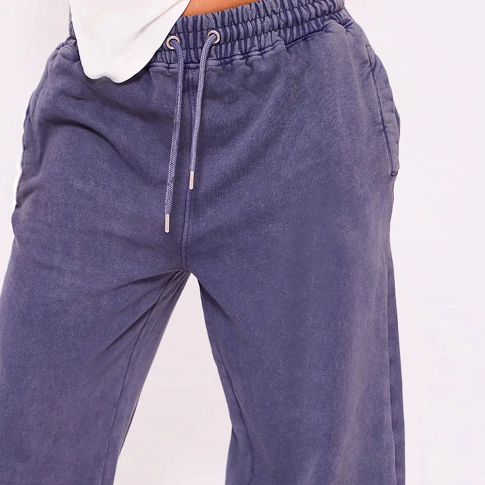 Premium Women Bleach Wash Heavyweight Cotton Fleece Flared Joggers Elastic Waist Winter Flat Front Casual Streetwear Lounge Set