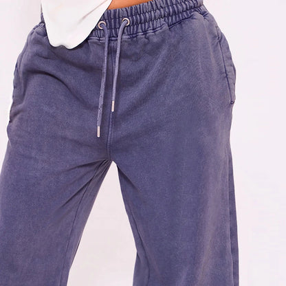 Premium Women Bleach Wash Heavyweight Cotton Fleece Flared Joggers Elastic Waist Winter Flat Front Casual Streetwear Lounge Set