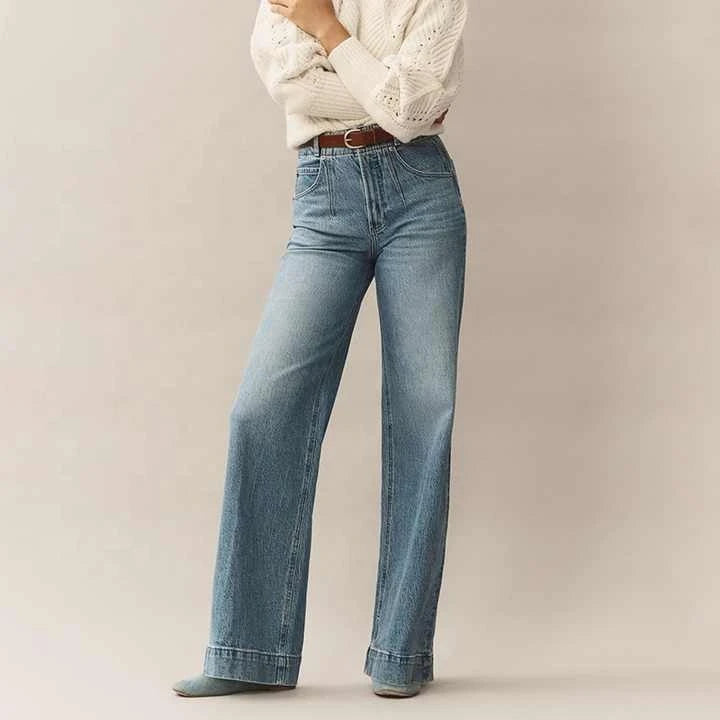 OEM 2025 Customized Winter Flat Front Women's Straight Leg Denim Pants Breathable Mid Waist Casual Streetwear 100% Plain Dyed