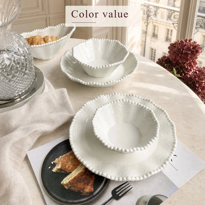 ColorValue White Pearl Ceramic Breakfast Plate Bowl Set Ins Style Elegant Tableware for Home Drining