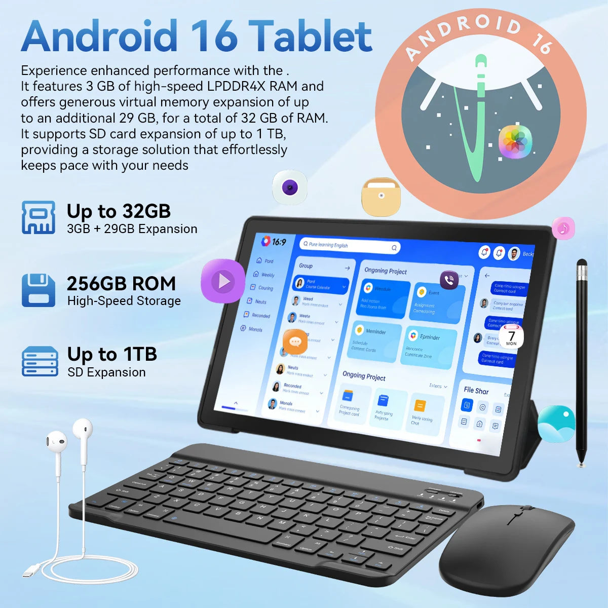 11 Inch Tablet PC K6ProL A333 Processor Android 16 32GB(3+29GB) RAM 256GB ROM 1280*800 IPS HD 7800mAh WiFi6 Gemini AI Widevine L1 With Keyboard Mouse Stylus Earphone Case US Local Warehouse