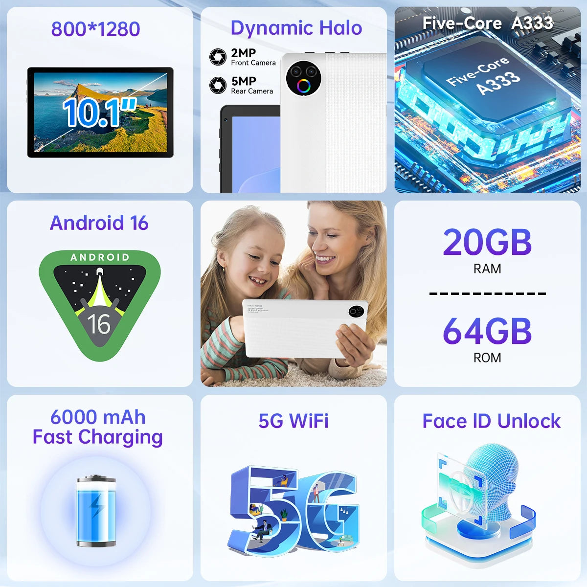 KB1001 Android 16 Tablet 10.1 Inch 20(3+17)GB RAM 1TB TF 6000mAh Face Unlock 8MP Dual Camera OTG Widevine L1 BT 5.4/5G WiFi Portable Work Study Tablet PC - Black