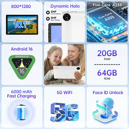 KB1001 Android 16 Tablet 10.1 Inch 20(3+17)GB RAM 1TB TF 6000mAh Face Unlock 8MP Dual Camera OTG Widevine L1 BT 5.4/5G WiFi Portable Work Study Tablet PC - Black