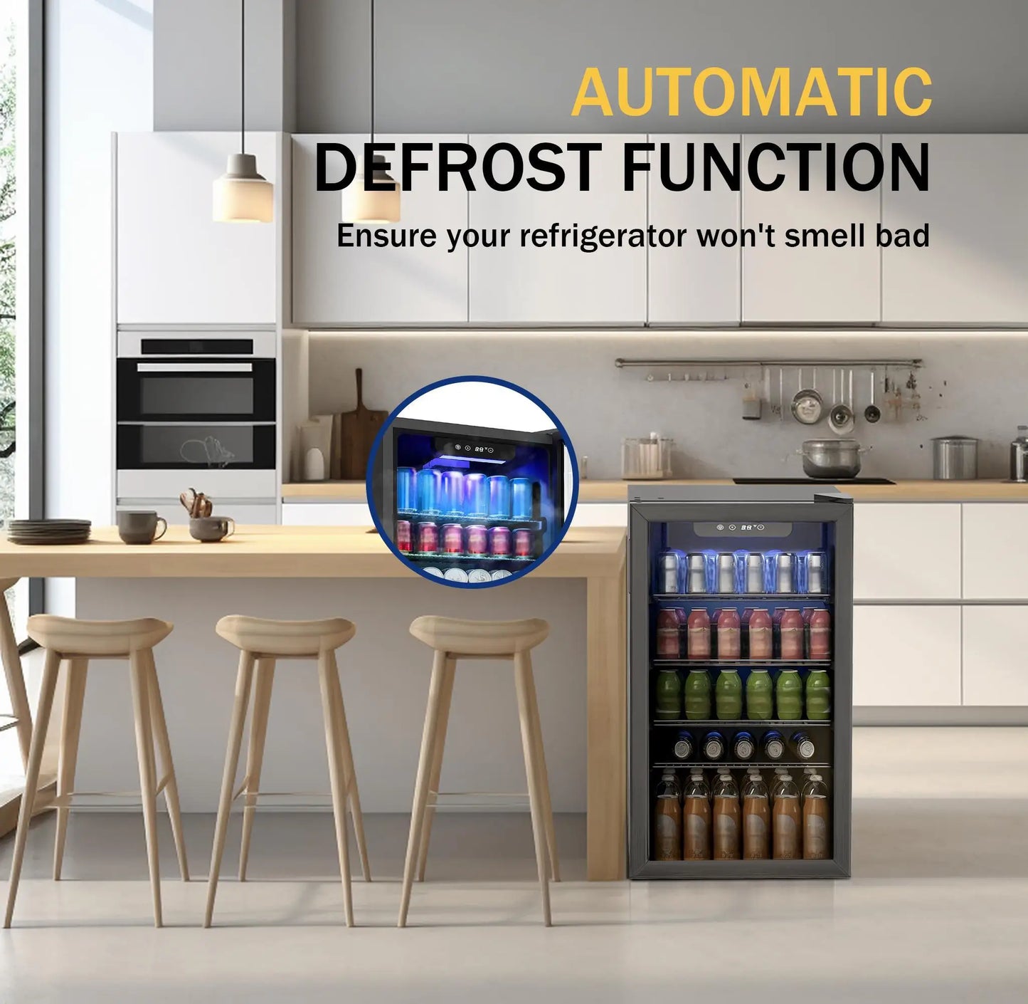 EKOJUCE Beverage Refrigerator and Cooler, 126 Can Mini fridge with Glass Door, Small Refrigerator with Adjustable Shelves for Soda Drinks or coco, Perfect for Home/Ba r/Office (Black/Sliver Steel)