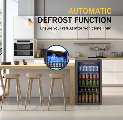 EKOJUCE Beverage Refrigerator and Cooler, 126 Can Mini fridge with Glass Door, Small Refrigerator with Adjustable Shelves for Soda Drinks or coco, Perfect for Home/Ba r/Office (Black/Sliver Steel)