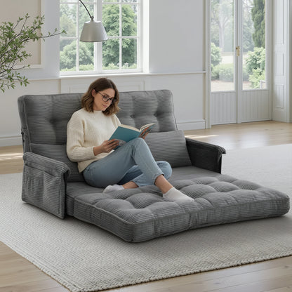 Dark grey 5‑Position Adjustable Foldable Floor Sofa Bed, Double Size Corduroy Lounge Sofa with Side Storage Pocket