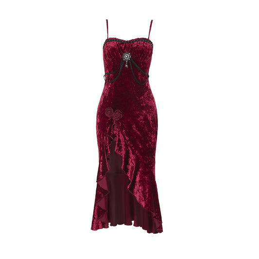 Sexy Long Dress with Ruffled Lace, Dark Gothic Style for Women