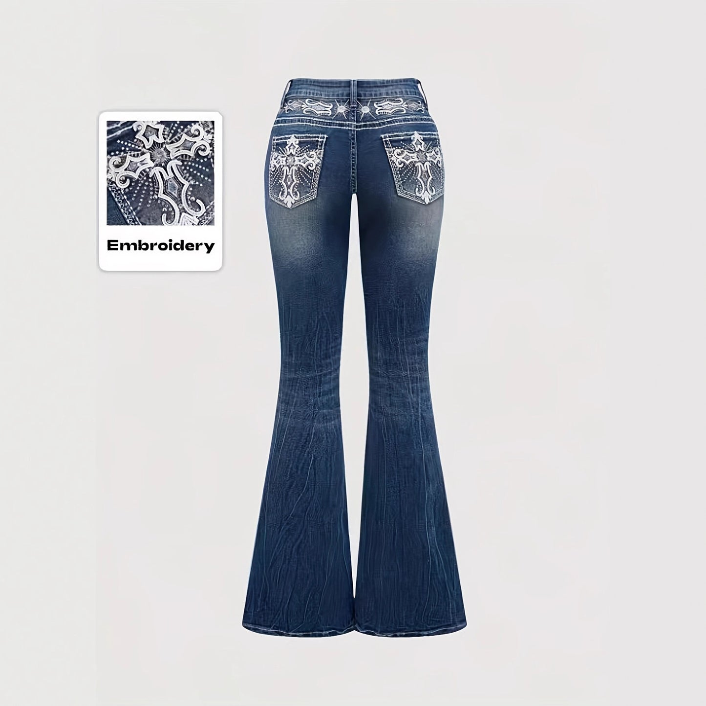 Women's dark wash pocket embroidered rhinestone fitted flared jeans